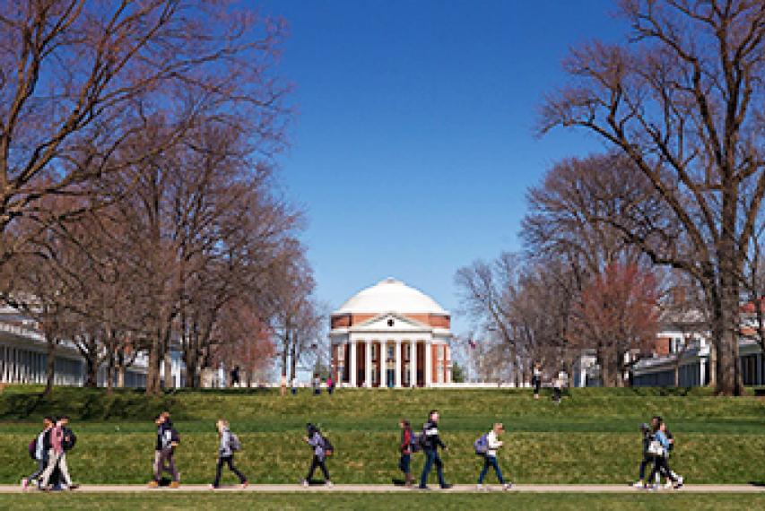 Students walking in front of Rotunda